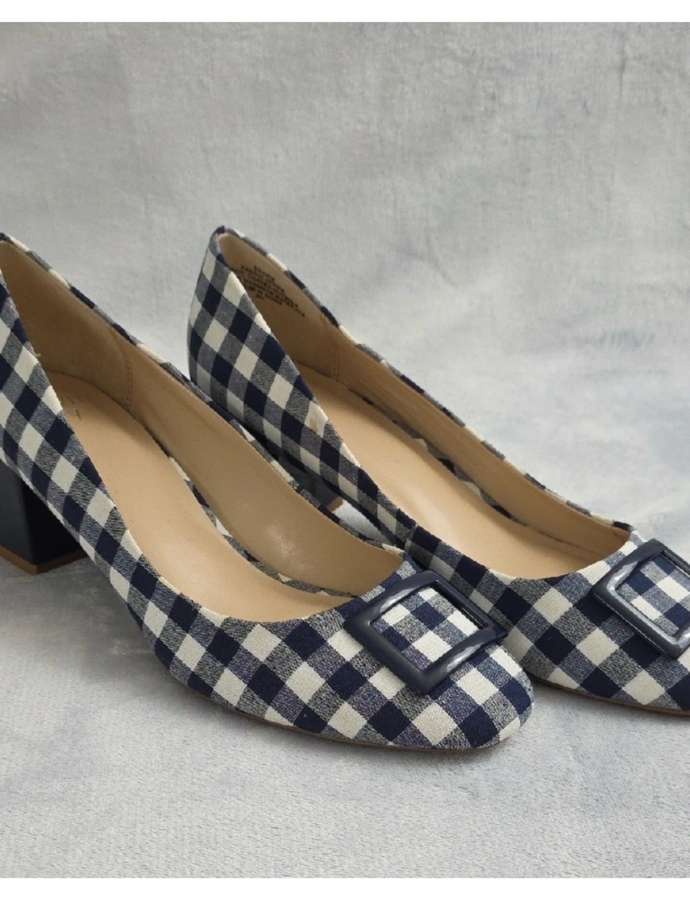 Crown & Ivy Navy Gingham Block Heel Pumps Womens Size 9 Beckie Buckle Toe